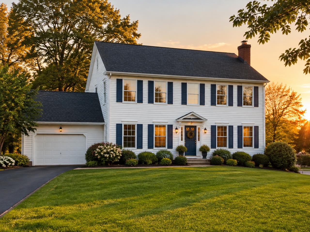 Two-story home exterior with white siding and navy shutters